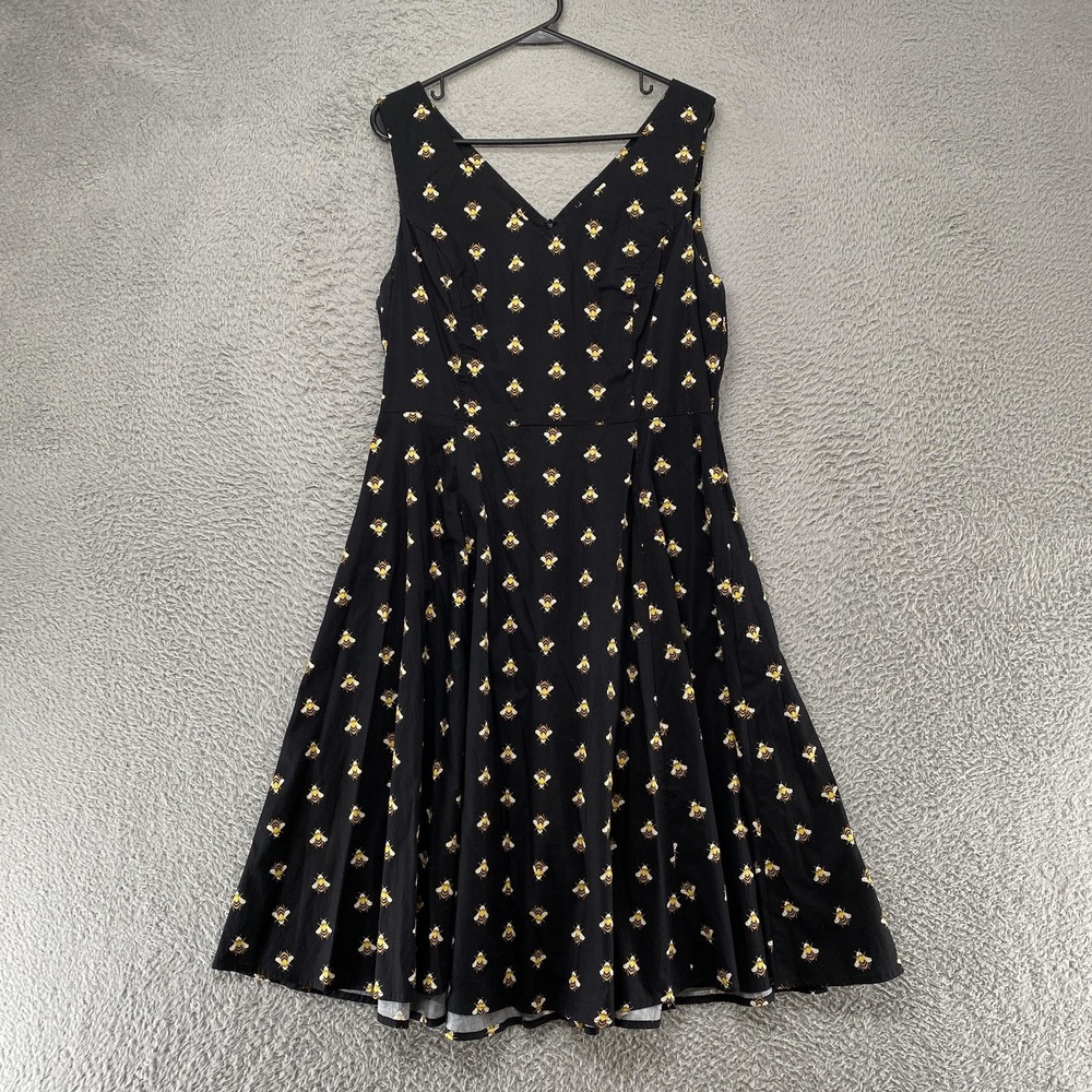 Eva Rose Midi Dress Womens XL Black Bee Print Fit Flare Retro Summer Stretch
